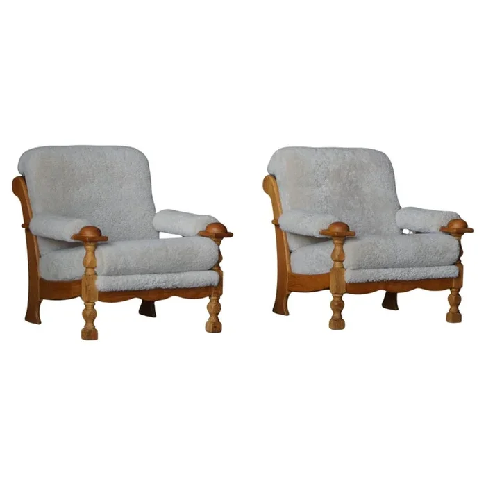 Henning Kjærnulf, Lounge Chairs in Oak & Lambswool, Danish Mid Century, 1960s
