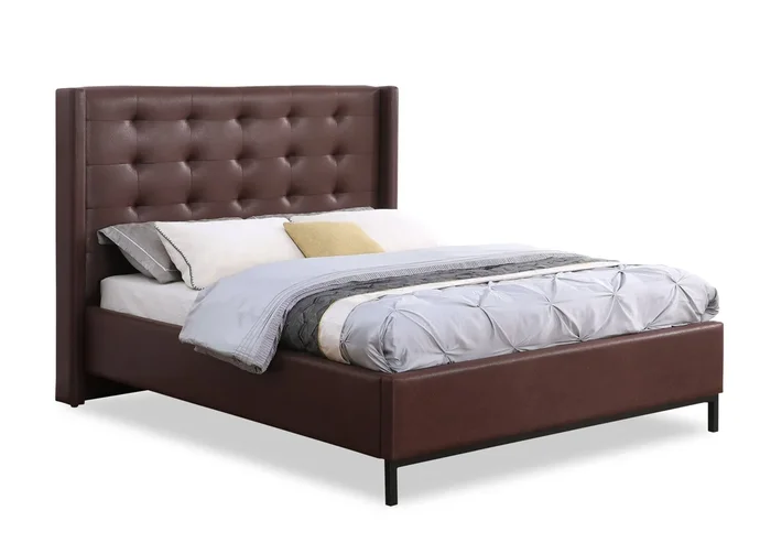 Hugo Upholstered Platform Bed in Brown Vegan-Leather Fabric, Tufted – Queen Size | Lit plateforme rembourré Hugo en tissu de cuir végétalien brun avec capitonnage – format grand lit