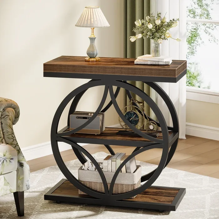 Industrial End Table, Narrow Bedside Table with 3-Tier Storage