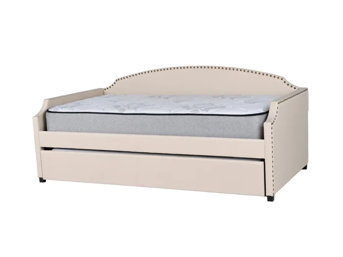 Ivory Upholstered Twin Daybed with Trundle & Nailhead Trim