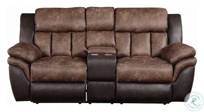 Jaylen Toffee and Espresso Polished Microfiber Reclining 80″ Loveseat with Console
