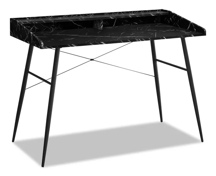 Jeremy 47.25″ Office Desk with Small Hutch – Black Marble-Look|Bureau Jeremy de 47,25 po avec petite crédence – apparence marbre noir