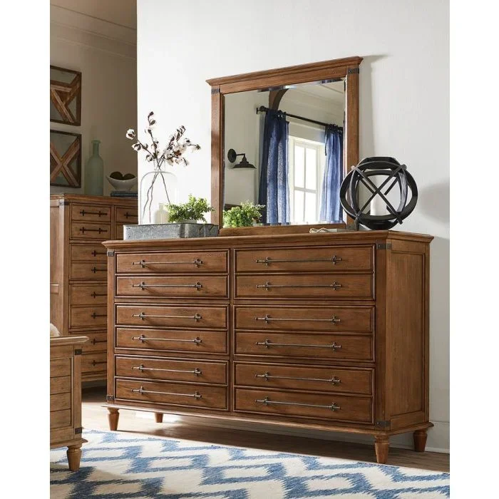 John Thomas Farmhouse Chic 6-Drawer Dresser & Mirror in Bourbon