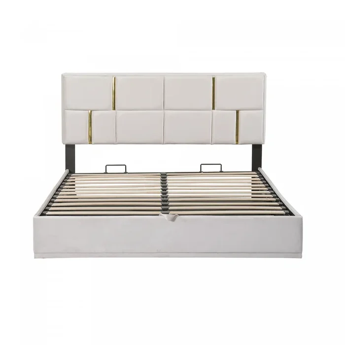 Joyce Upholstered Platform Bed With Hydraulic Storage And Velvet Frame,queen Size,beige Queen Bed | Lit Plateforme Joyce Tapisse Avec Rangement Hydraulique Et Cadre En Velours, Taille Queen, Beige