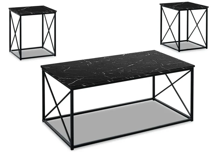 Kasey 42.25″ Modern 3-Pack Coffee + 2 End Tables – Black Marble Look with Black Metal Base|Ensemble 3 tables modernes Kasey de 42,25 po (table à café et 2 tables de bout) – imitation de marbre noir avec base en métal noir
