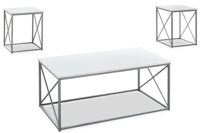 Kasey 42.25″ Modern 3-Pack Coffee + 2 End Tables – White with Grey Metal Base|Ensemble 3 tables modernes Kasey de 42,25 po (table à café et 2 tables de bout) – blanc avec base en métal gris