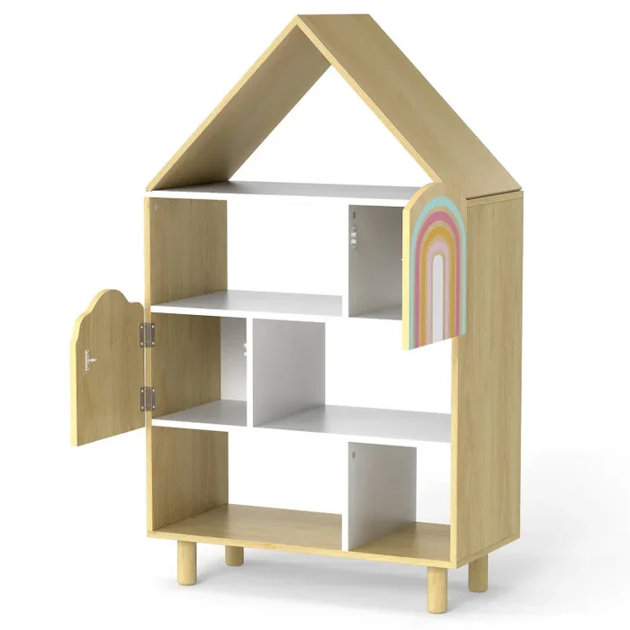 Kids Dollhouse Bookshelf House-shaped Bookcase Children Toy Storage Organizer
