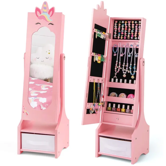 Kids Jewelry Cabinet with Full-Length Mirror for Kids Bedroom and Playroom