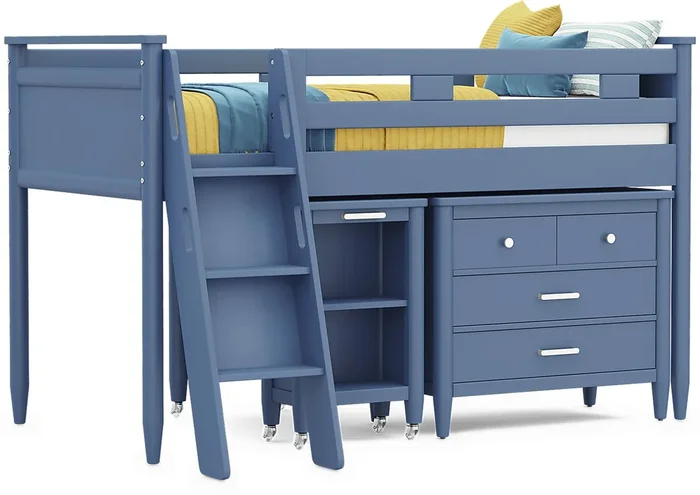 Kids Modern Colors Slate Blue Twin Loft with Loft Chest and Desk
