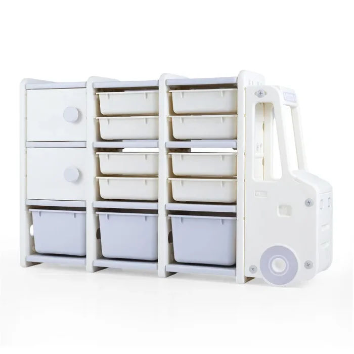 Kids Toy Storage Organizer Truck-shaped Toy Chest with 2 Cabinets and 11 Removable Bins