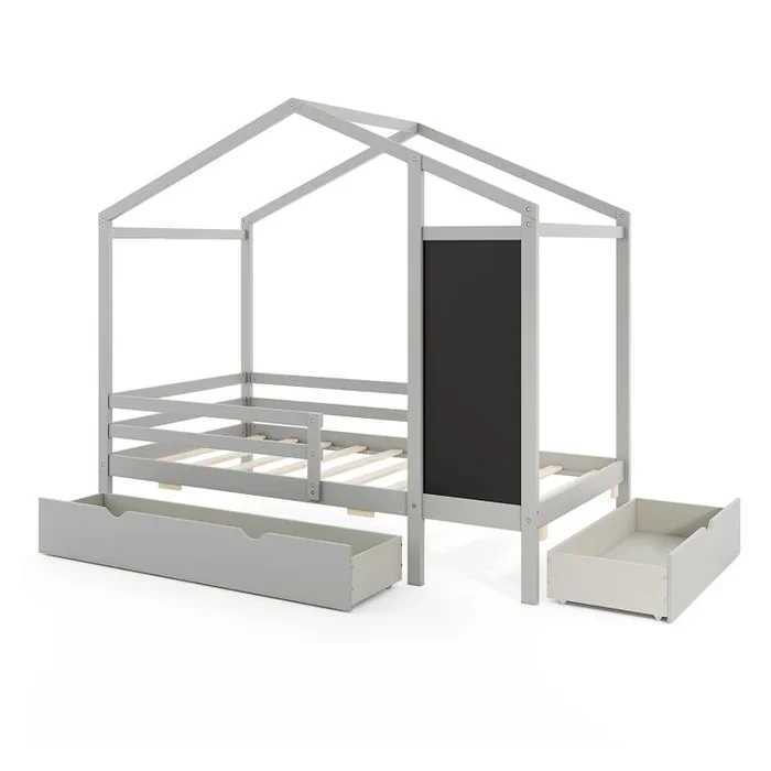 Kids Twin Size Bed with 2 Drawers Solid Wood Bed with Blackboard