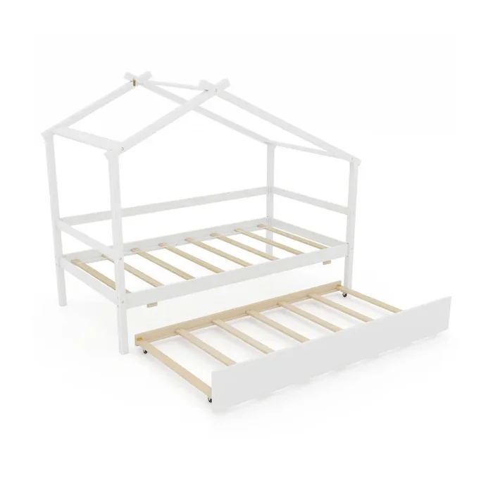 Kids Twin Size House Bed with Trundle and Roof