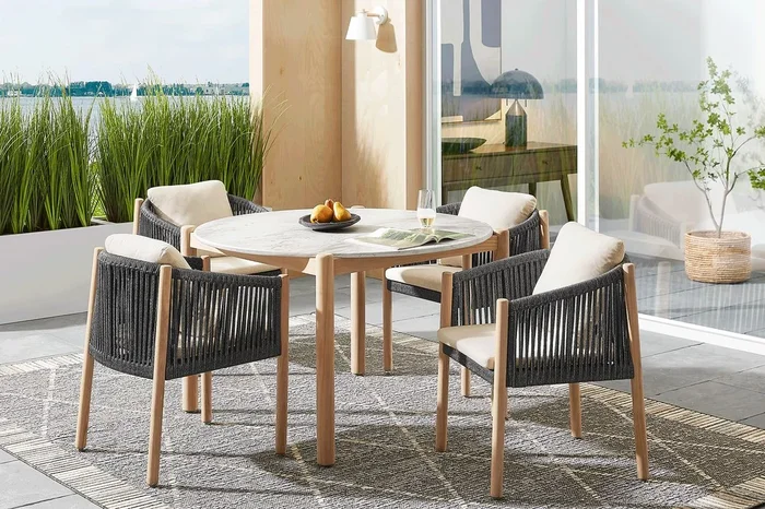 Koda Natural 5 Pc Round Outdoor Dining Set with Charcoal Arm Chairs