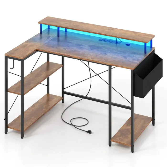 L-Shaped Gaming Desk with LED Lights and Power Outlets