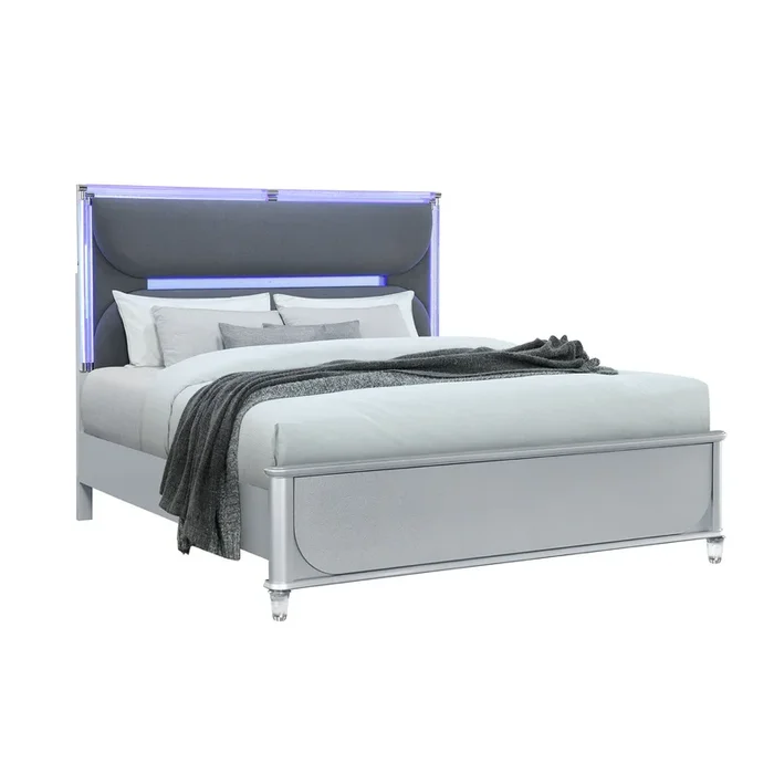 Laura – King Bed With Upholstered LED Headboard – Silver