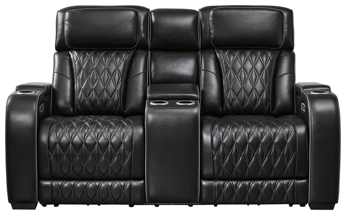 Leather Match Power Recl Loveseat w/ Console & Adj Hdrsts