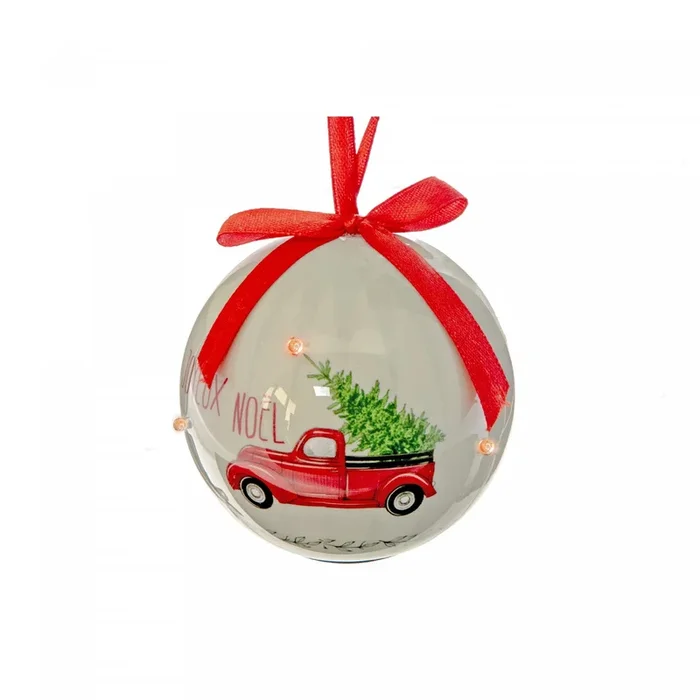 LED Ornament with Ribbon Joyeux Noel Red Truck – Set of 12 Christmas Ornaments|Ornement à DEL représentant un camion rouge avec l’inscription « Joyeux Noël », avec un ruban – ensemble de 12 ornements de Noël