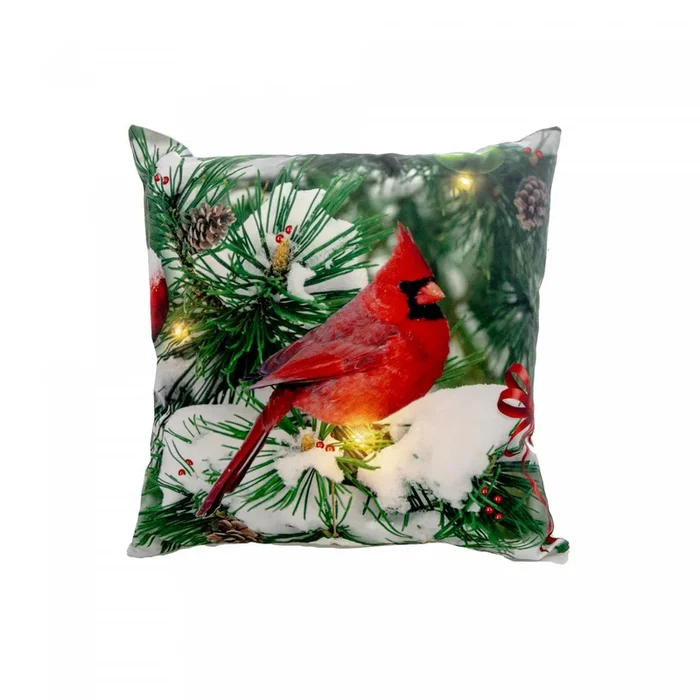 LED Velvet Cushion Single Cardinal on Tree 18 x 18 – Set of 2 Cushions|Coussin à DEL 18 x 18 en velours orné d’un cardinal solitaire sur un arbre – ensemble de 2 coussins