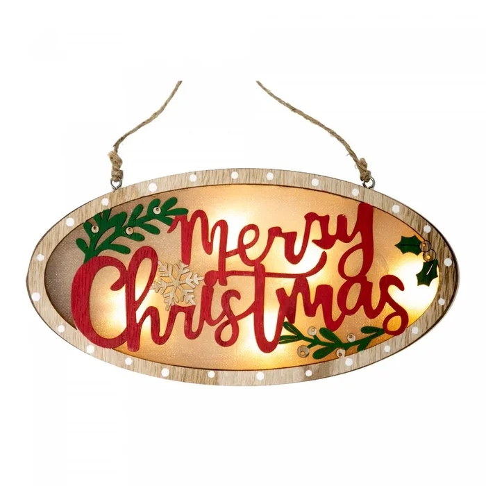 LED Wooden Oval Shape Ornament Merry Christmas Ornaments|Ornement « Merry Christmas » de forme ovale en bois à DEL