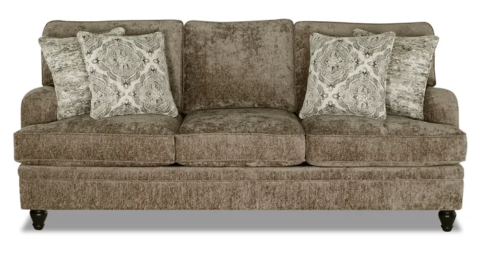 Made in Canada Bellmont 89″ Chenille Fabric Sofa with Reversible Cushions and Wood Legs – Toffee Brown | Sofa Bellmont de 89 po fabriqué au Canada en tissu de chenille avec coussins réversibles et pattes en bois – brun caramel