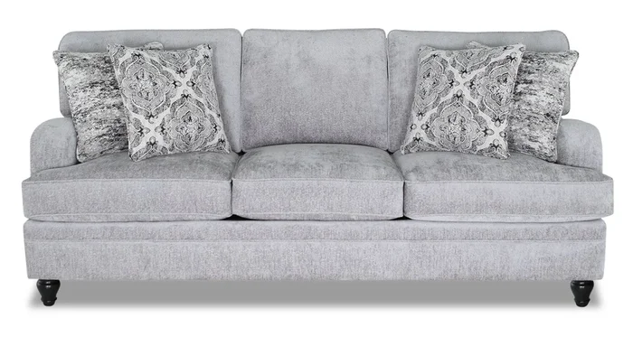 Made in Canada Bellmont 89″ Chenille Fabric Sofa with Reversible Cushions and Wood Legs – Platinum Grey | Sofa Bellmont de 89 po fabriqué au Canada en tissu de chenille avec coussins réversibles et pattes en bois – gris platine