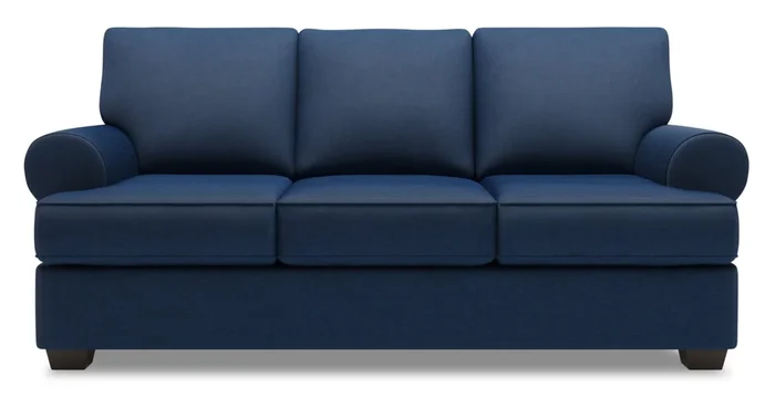 Made in Canada Customizable Sofa Lab Roll 86″ Linen-Look Fabric Sofa with Rolled Arms – Pax Navy Blue | Sofa Roll de Sofa Lab de 86 po fabriqué au Canada en tissu d’apparence lin avec accoudoirs enroulés – bleu Pax Navy | RO103149