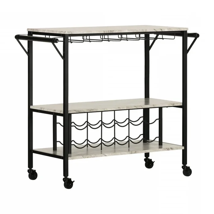 Maliza Bar Cart With Wine Bottle Storage And Wine Glass Rack – Faux Carrara Marble | Chariot bar Maliza avec rangement pour bouteilles de vin et support pour verres à vin – imitation marbre Carrare | D83GUJGB