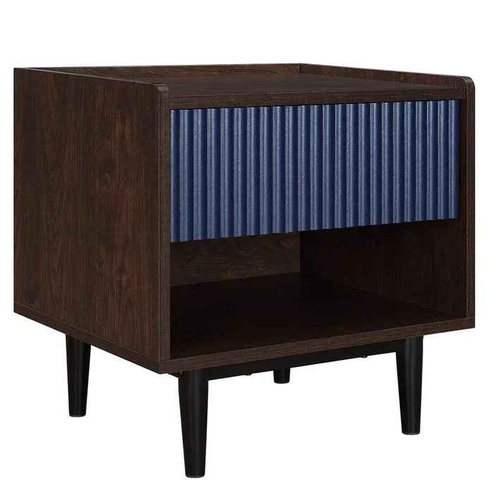 Manhattan Comfort Duane Modern Ribbed Nightstand with Full Extension Drawer – Dark Brown & Navy Blue|Table de nuit moderne Duane de Manhattan Comfort avec cannelures et tiroir à extension complète – brun foncé et bleu marine
