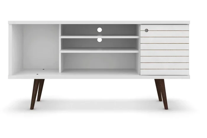 Manhattan Comfort Liberty 53.14″ Mid-Century Modern TV Stand with 5 Shelves & 1 Door – White & Yellow|Meuble pour téléviseur Liberty de Manhattan Comfort de 53,14 po de style moderne du milieu du 20e siècle avec 5 tablettes et 1 porte – blanc et jaune