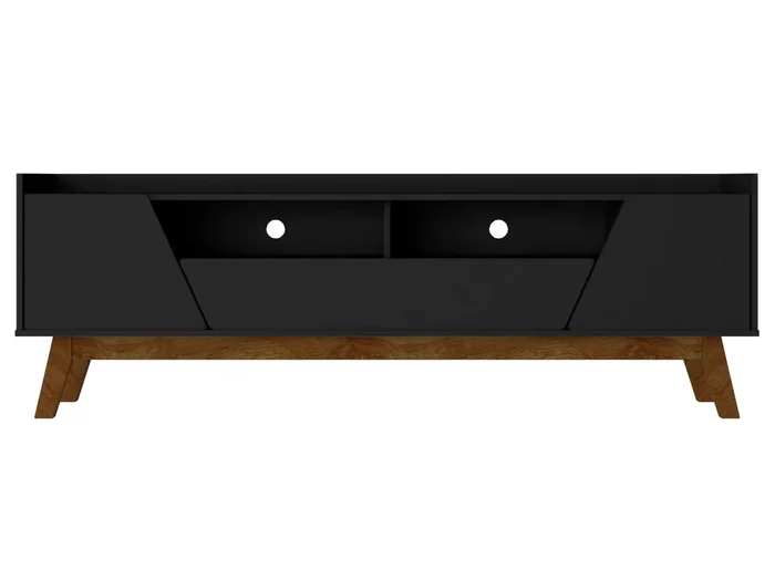 Manhattan Comfort Mid-Century Modern Marcus 70.86″ TV Stand with Solid Wood Legs – Matte Black|Meuble pour téléviseur Marcus de Manhattan Comfort de 70,86 po de style moderne du milieu du 20e siècle avec pattes en bois massif – noir mat