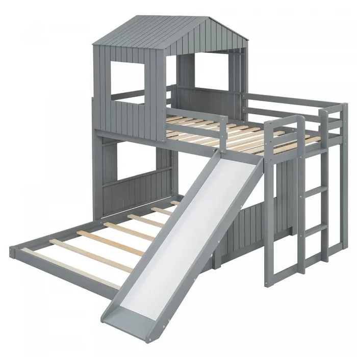 Marico Twin Over Solid Wood Full Bunk Bed With Slide, Playhouse Design – Grey | Lit Superpose Marico En Bois Massif, Taille Simple En Haut Et Double En Bas, Avec Toboggan, Design Maison De Jeu – Gris