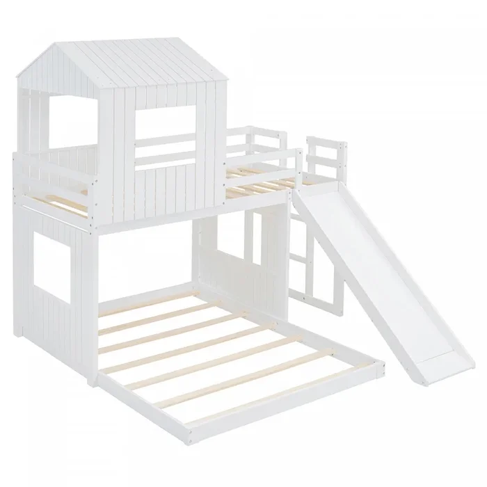 Marico Twin Over Solid Wood Full Bunk Bed With Slide, Playhouse Design – White | Lit Superpose Marico En Bois Massif, Taille Simple En Haut Et Double En Bas, Avec Toboggan, Design Maison De Jeu – Blanc
