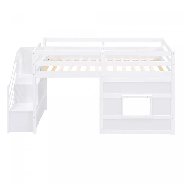 Martin Twin Solid Wood Loft Bed With Storage Stairs, Play Window, Led Light – White | Martin – Lit Mezzanine Simple En Bois Massif Avec Escaliers De Rangement, Fenetre Ludique Et Eclairage Del – Blanc
