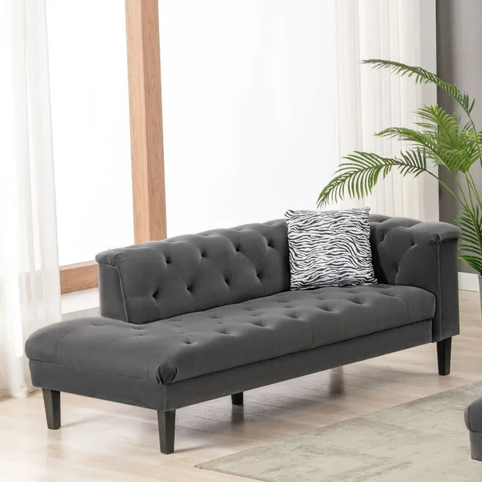 Mary – Velvet Tufted Chaise With 1 Accent Pillow – Dark Gray