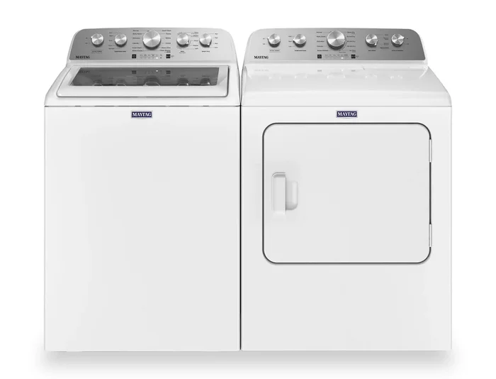 Maytag 5.4 Cu. Ft. Top-Load Washer and 7 Cu. Ft. Gas Dryer with Steam – White | Laveuse à chargement par le haut 5,4 pi3 et sécheuse à gaz 7 pi3 avec vapeur de Maytag – blanc | MATL545L