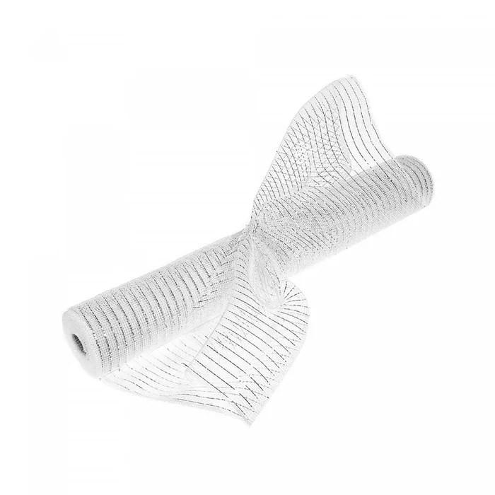 Mesh Ribbon White with Silver Stripes 21″x10″ – Set of 2 Crafts|Ruban en maille blanc avec rayures argentées 21 po x 10 po ensemble de 2