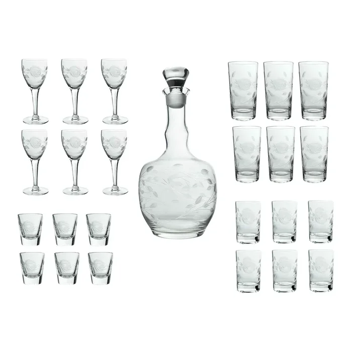 Mid 20th Century Hand Engraved Cut Floral Design Serving Drink Set Glasses With a Decanter – 25 Pieces