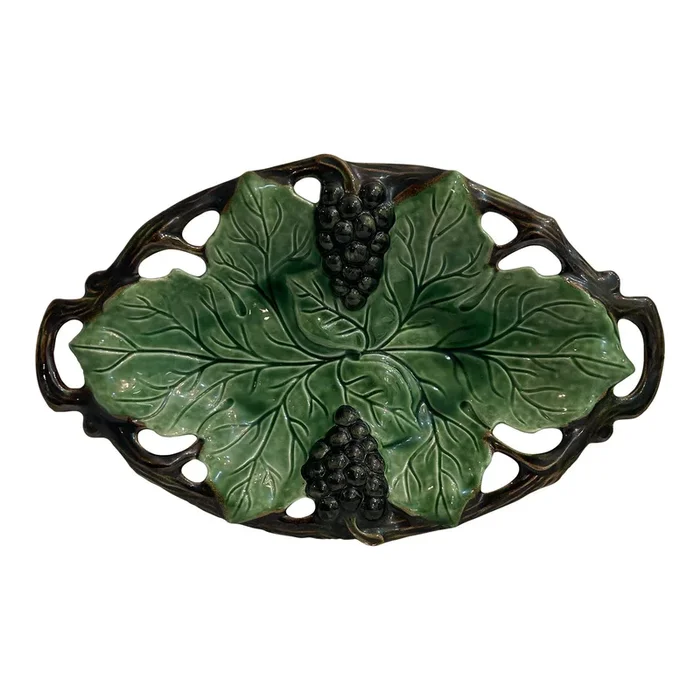Mid 30th Century Majolica Style Grapes and Leaves Platter From Jay Willfred Portugal