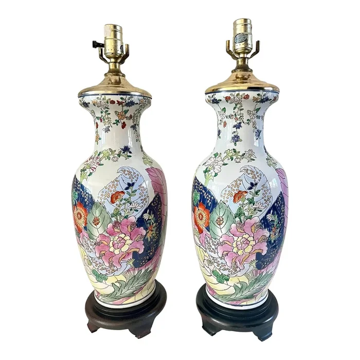 Mid-Century Chinoiserie Tobacco Leaf Table Lamps – a Pair