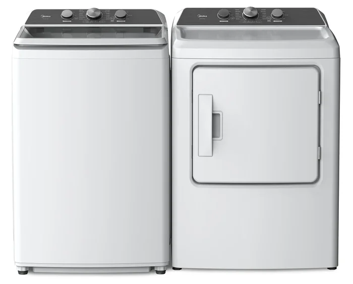 Midea 4.3 Cu. Ft. Top-Load Washer and 6.7 Cu. Ft. Electric Dryer – White | Laveuse à chargement par le haut de 4,3 pi³ et sécheuse électrique de 6,7 pi³ de Midea – blanches | MITL43AW