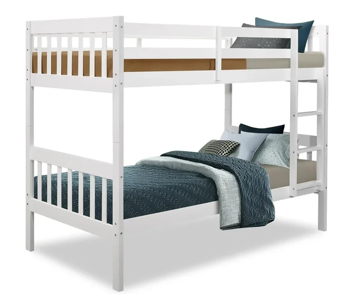 Miko Bunk Bed with Ladder & Guard Rail for Kids, White – Twin/Twin | Lits superposés Miko pour enfants avec échelle et garde-corps, blanc – simple et simple