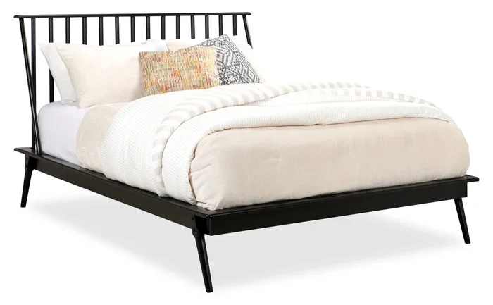 Milan Platform Bed with Headboard & Frame, Mid-Century Modern, Black – Queen Size | Lit plateforme Milan de style moderne du milieu du 20e siècle avec tête de lit et cadre de lit, noir – format grand lit