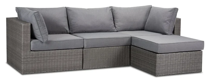 Morris 4-Piece Outdoor Patio Set with 2 Corner Chairs, 1 Armless Chair & Ottoman – Hand-Woven Resin Wicker, Olefin Fabric, UV & Weather Resistant – Grey | Ensemble Morris 4 pièces pour la terrasse | MORRG0P4