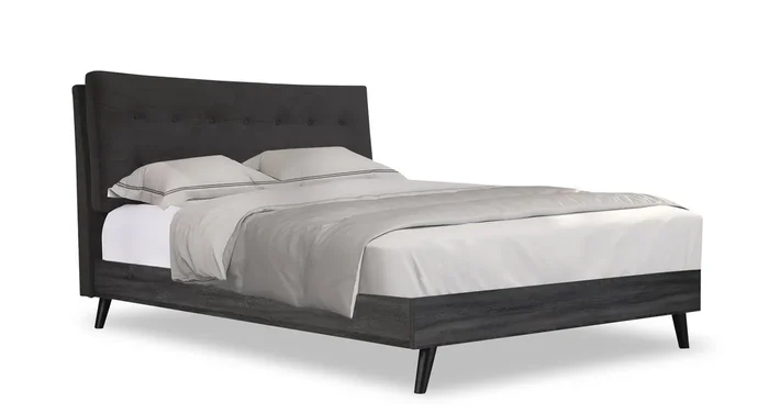 Nash Upholstered Platform Bed in Dark Grey Fabric, Button Tufted – Full Size | Lit plateforme rembourré Nash en tissu gris foncé avec capitonnage à boutons – format lit double