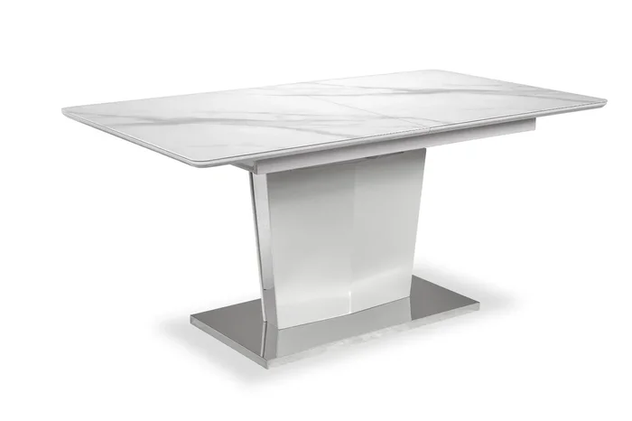 Naya Dining Table, 63-78.75″W Self-Storing Butterfly Leaf, Metal, Glass, Faux Marble – White | Table de salle à manger Naya de 63 po à 78,75 po (L) avec papillon se rangeant sous la table, en métal, en verre en imitation de marbre – blanche