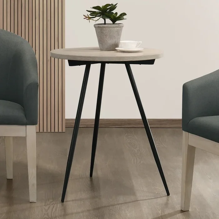 Neroli – Contemporary Round Side Table With Black Metal Base – Oak White