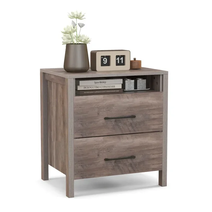 Nightstand with 2 Drawers Farmhouse Bed Side Table with Open Storage Shelf