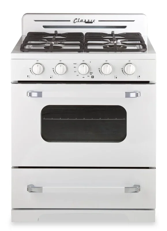 Off-Grid Classic Retro by Unique 30″ 3.9 Cu. Ft. Propane Gas Range – Marshmallow White – UGP-30CR OF2 W | Cuisinière à gaz propane Classic Rétro hors réseau par Unique de 30 po et de 3,9 pi3 – blanc guimauve – UGP-30CR OF2 W | 30CROF2W