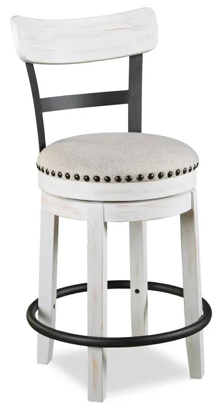 Otis Counter-Height Stool with Swivel Seat, Vegan Leather Fabric, Metal – White | Tabouret Otis de hauteur comptoir en tissu de cuir végétalien et en métal avec siège pivotant – blanc