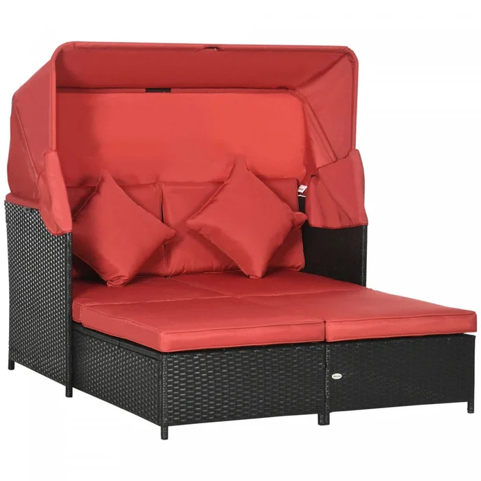 Outdoor Double Lounge Daybed W/ Awning & Cushion Sun Lounger, Red